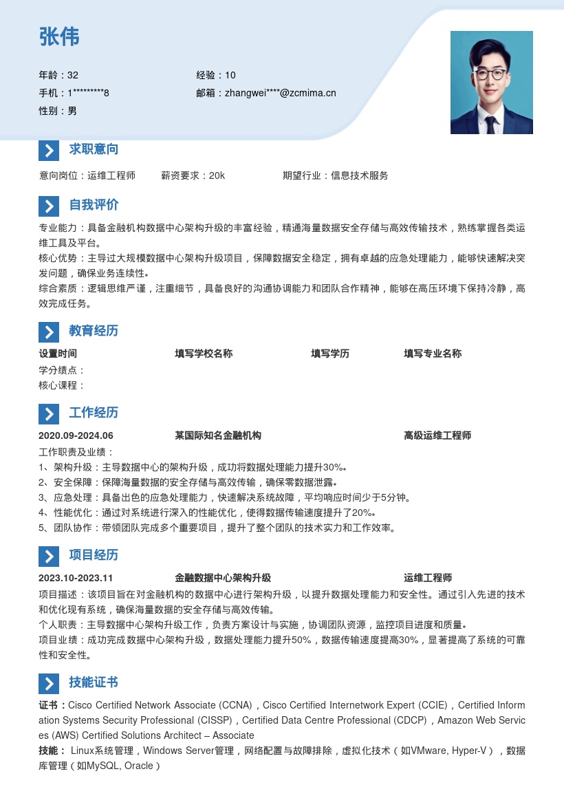 运维工程师主导架构升级简历模板