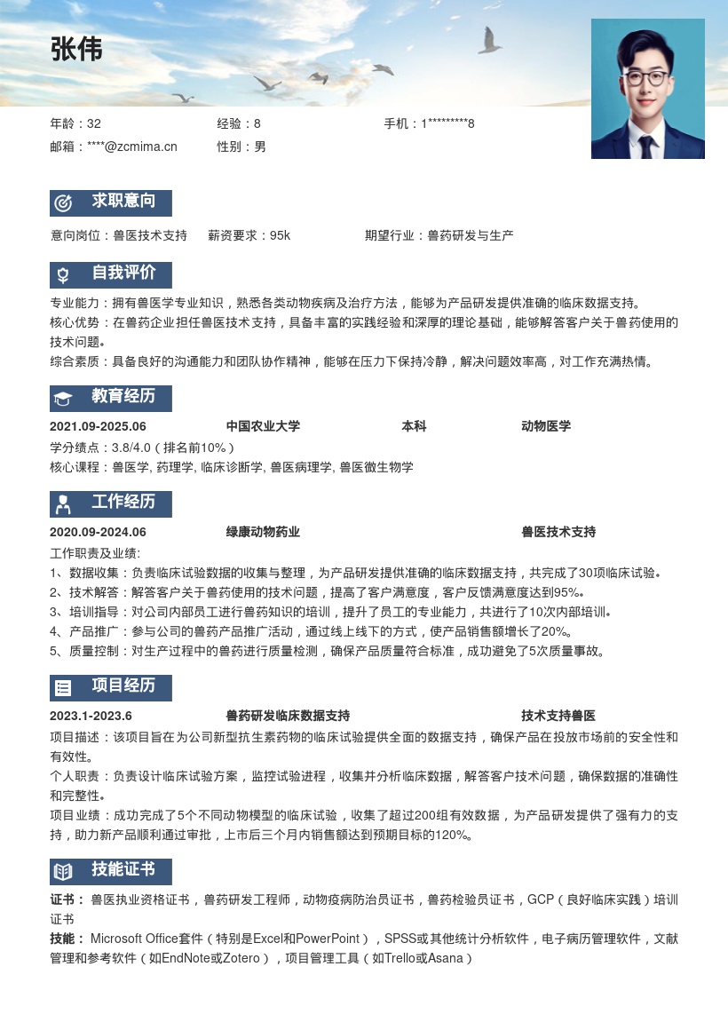 兽药企业兽医技术支持简历模板