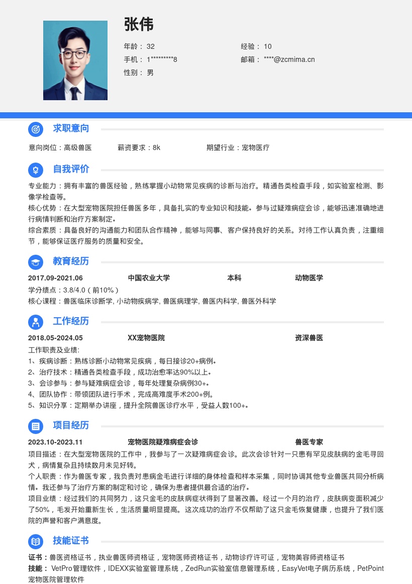 资深兽医岗位小动物诊疗经验简历模板