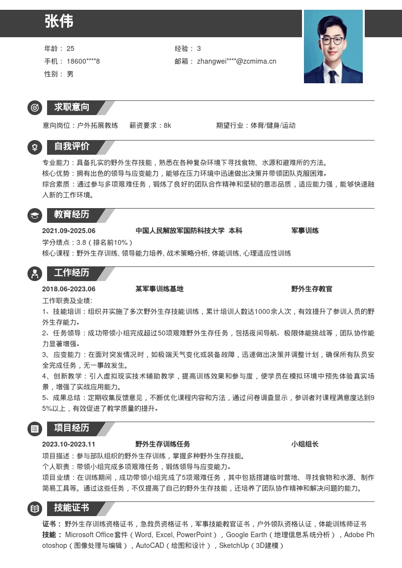 野外生存强将退伍军人岗位简历模板