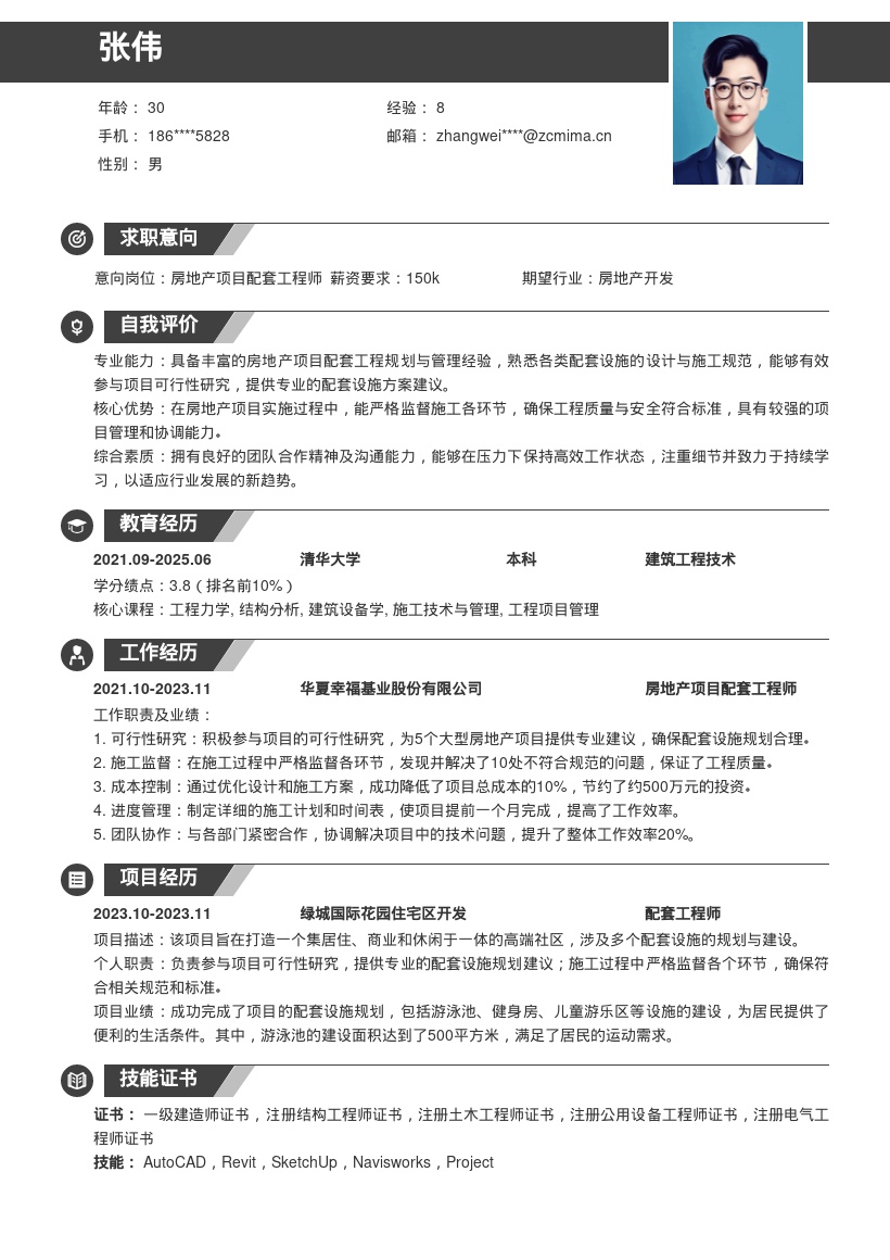 房地产项目配套工程师岗位简历模板