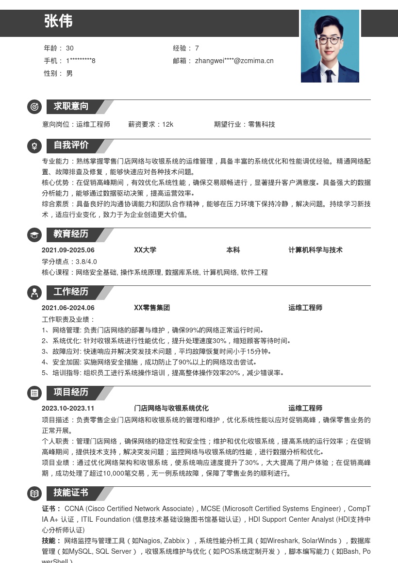 零售企业运维工程师门店系统简历模板