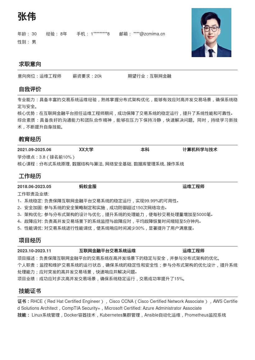 互联网金融运维工程师简历模板含架构优化 