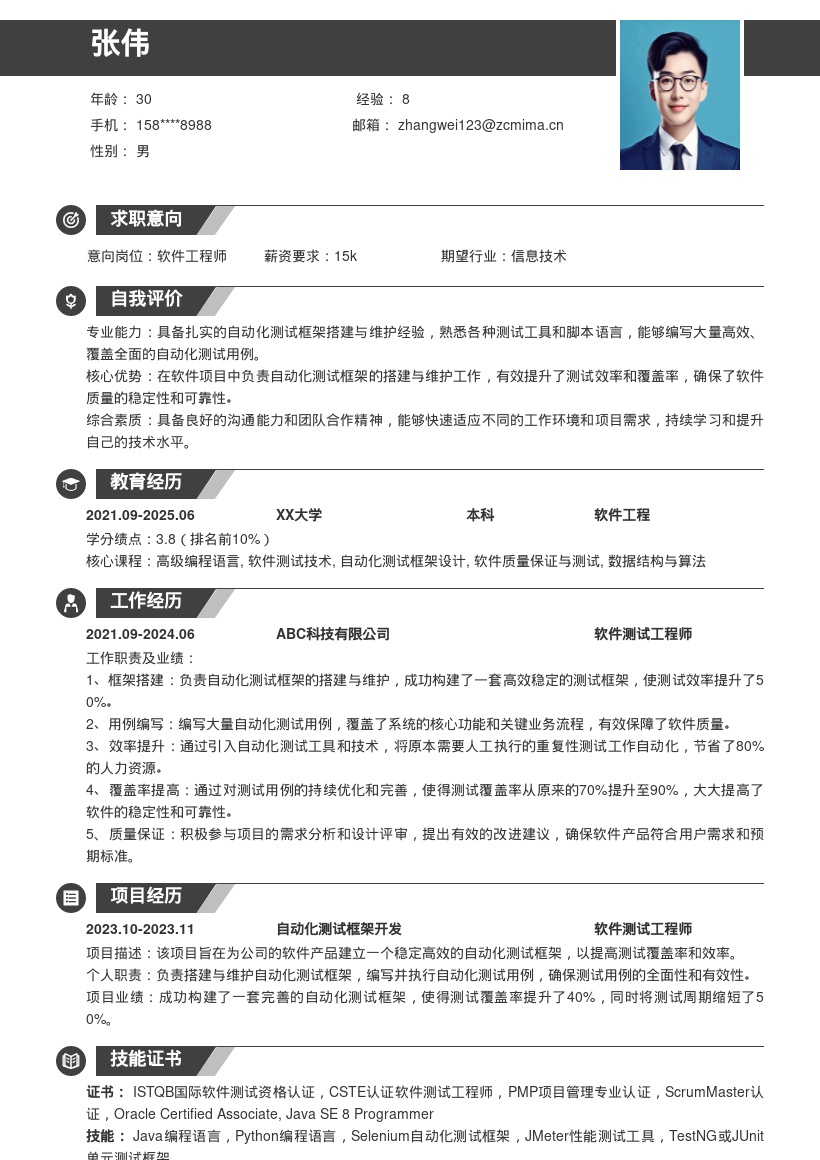 自动化测试软件工程师简历模板突出测试亮点 