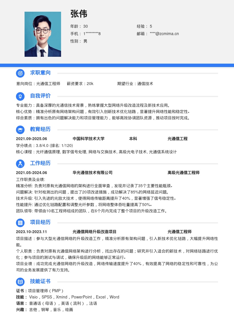 20多套光通信工程师岗位简历模板合集word版