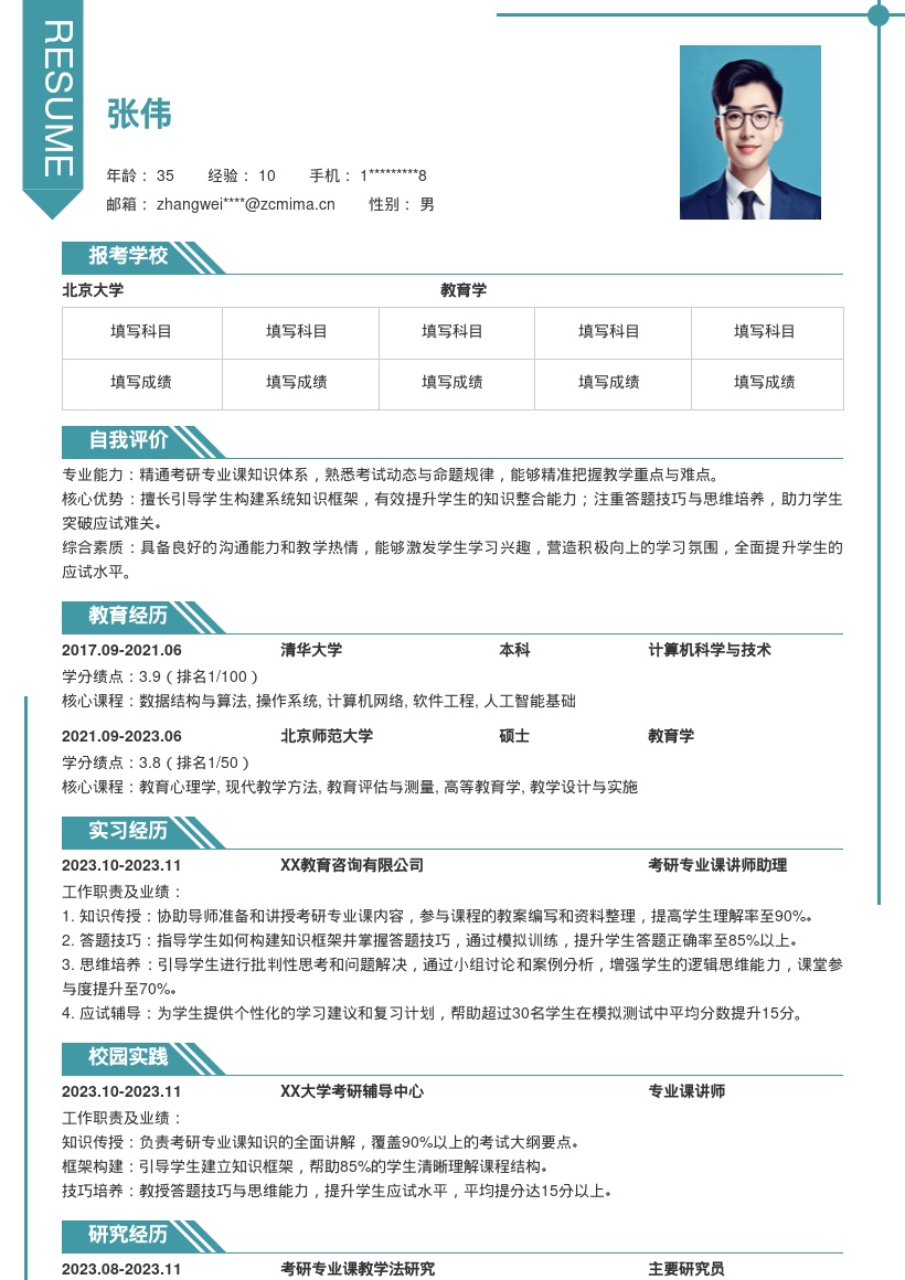 考研专业课讲师知识技巧思维简历模板