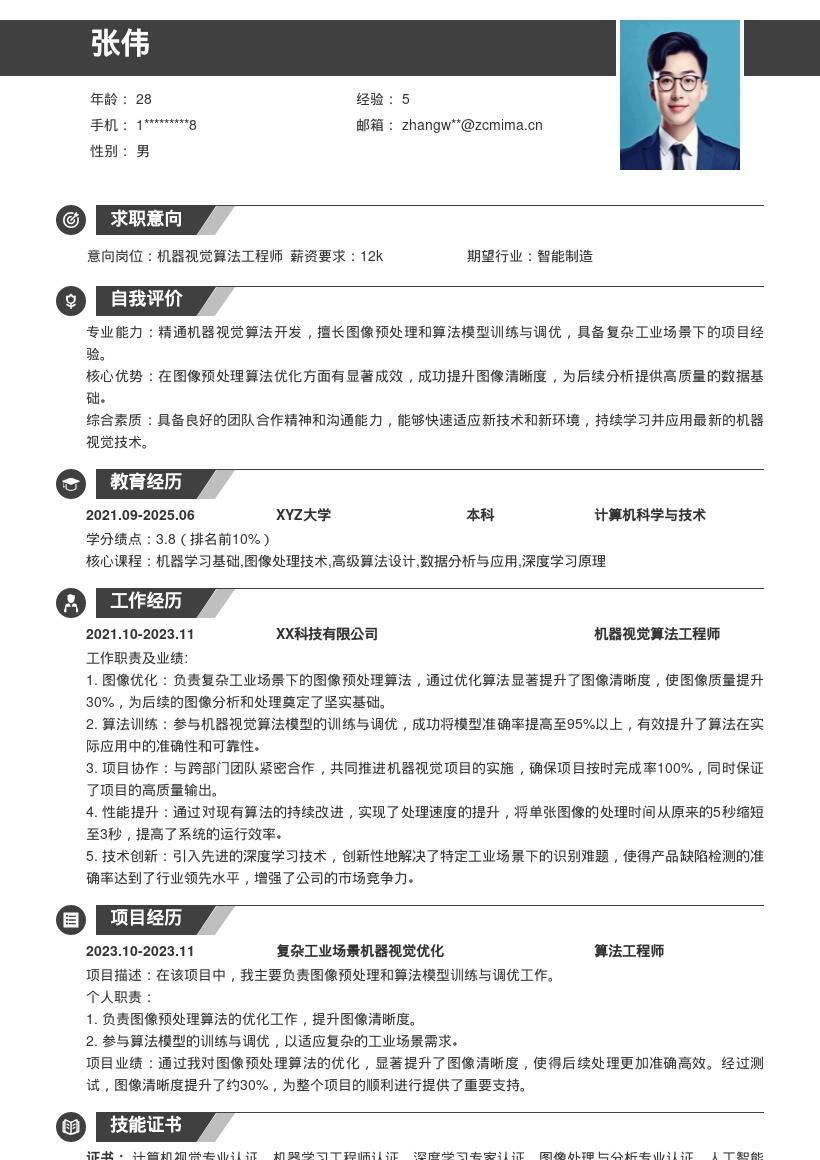 机器视觉算法岗复杂项目经验简历模板