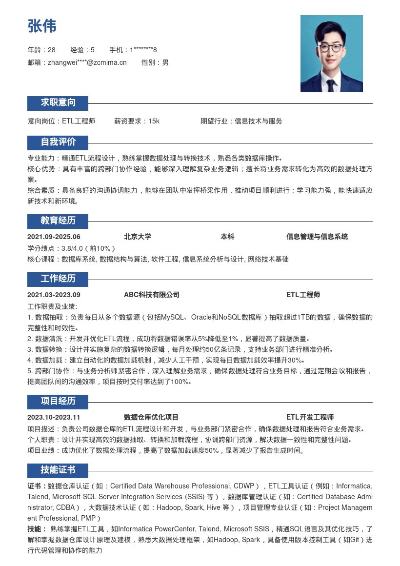 ETL工程师跨部门合作业务向简历模板