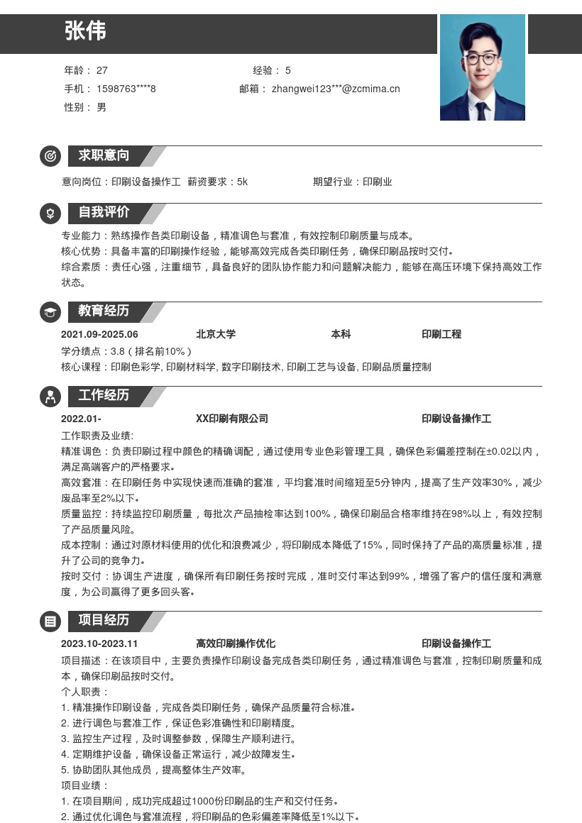 印刷厂印刷设备操作工简历模板突出技能交付 