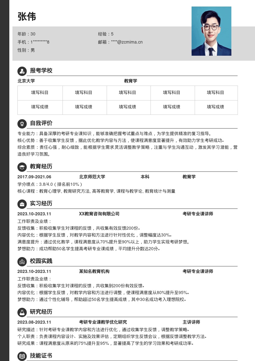 考研专业课讲师突出教学优化简历模板