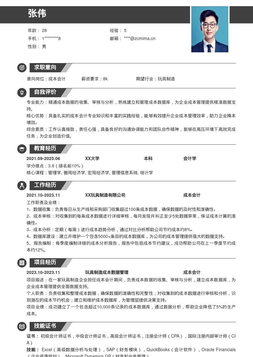 成本会计简历模板含玩具企业成本经历 