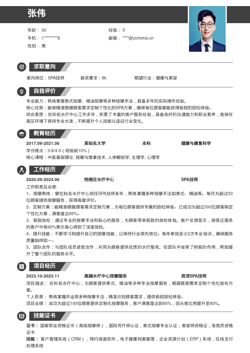 20多套spa技师岗位简历模板合集word版