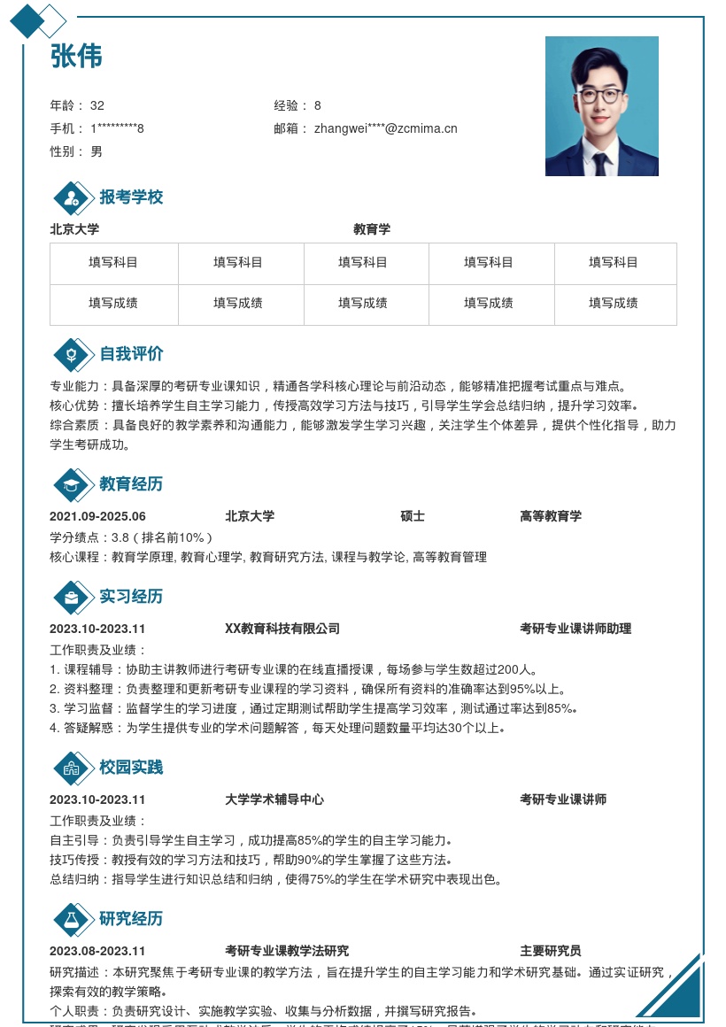 考研专业课讲师注重能力培养简历模板