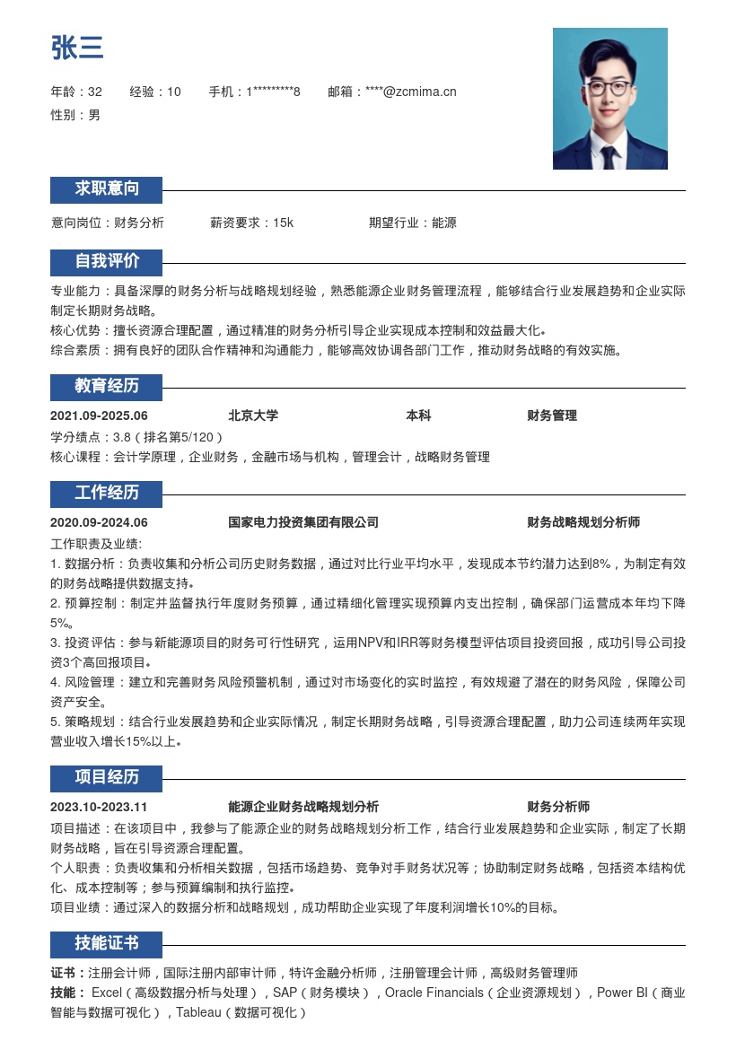 财务分析岗位能源企业财务战略简历模板