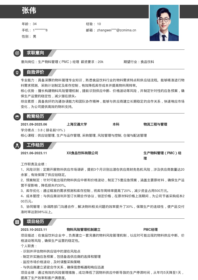 生产物料管理PMC经理简历模板含风险管理 