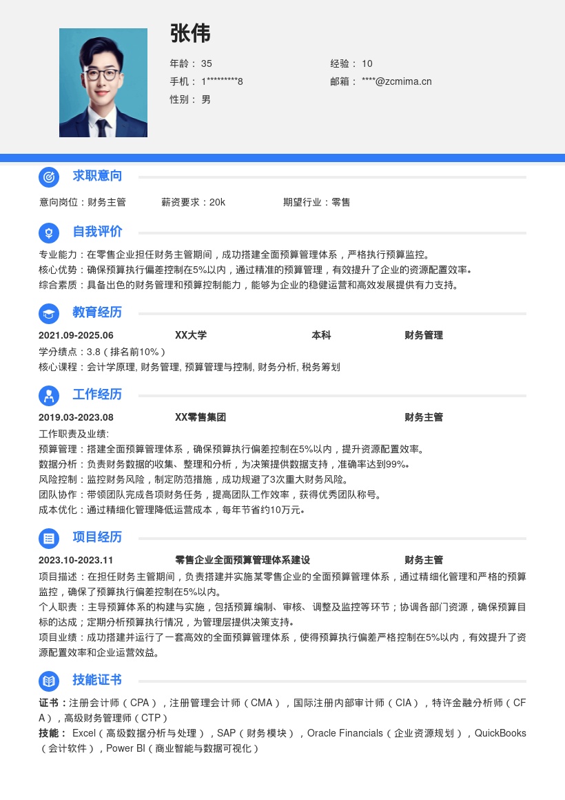 财务主管搭建预算体系简历模板
