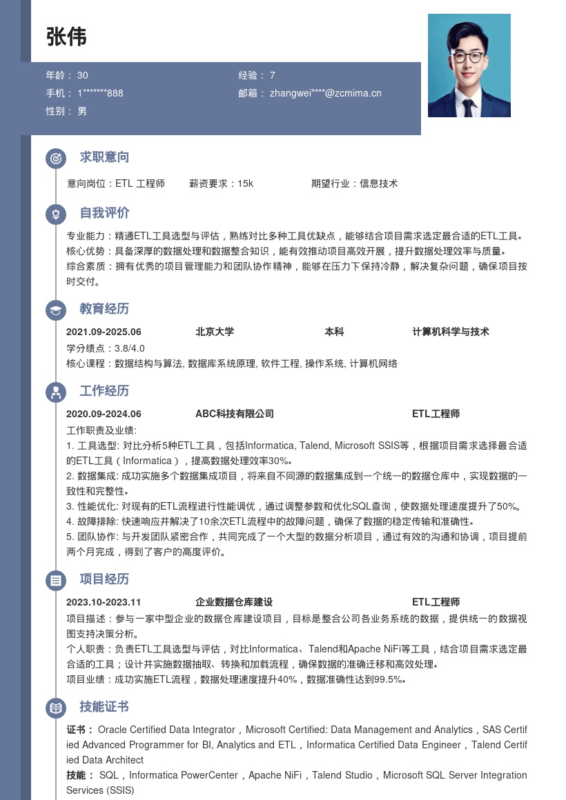 ETL工程师参与工具选型推动项目简历模板
