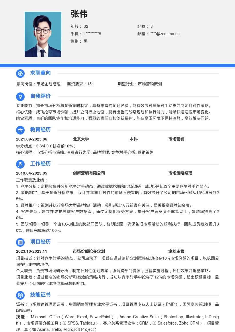 企划岗位抢夺份额巩固地位简历模板