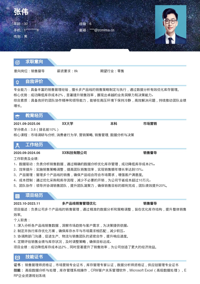 销售督导优化库存提升效率简历模板