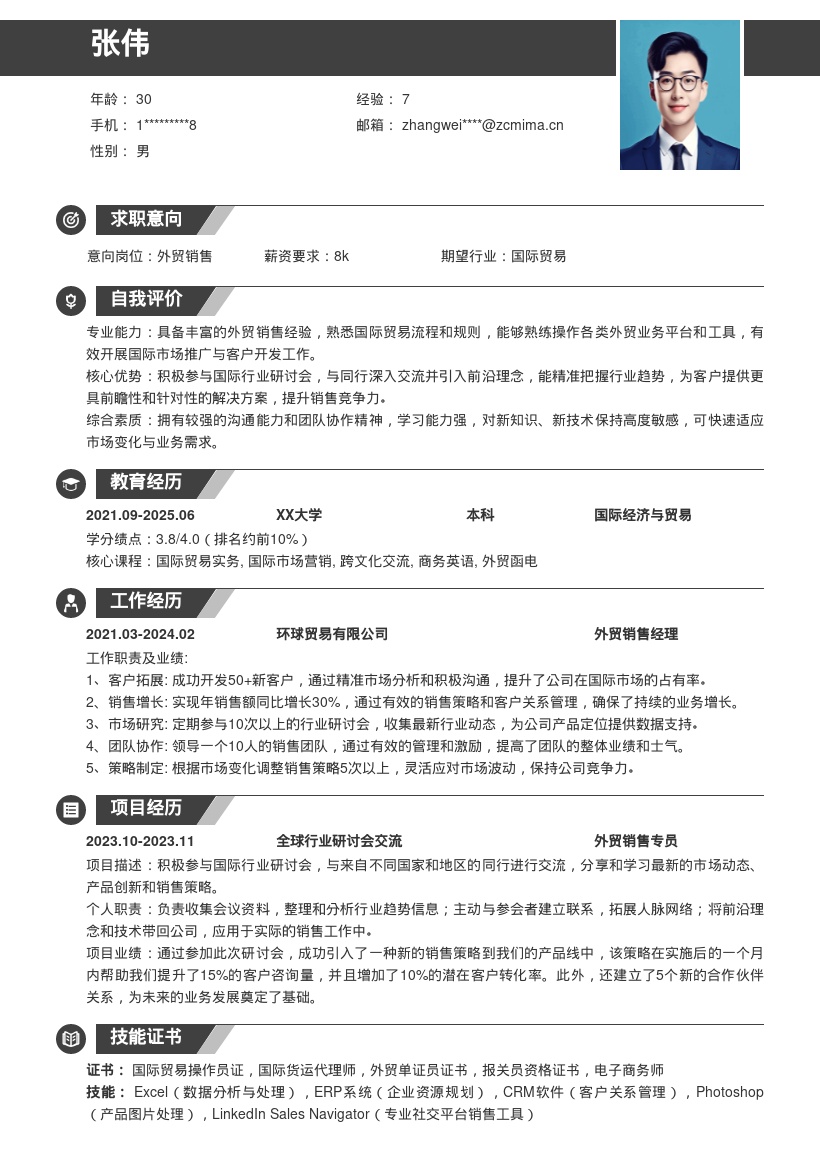 外贸销售积极交流引入理念简历模板