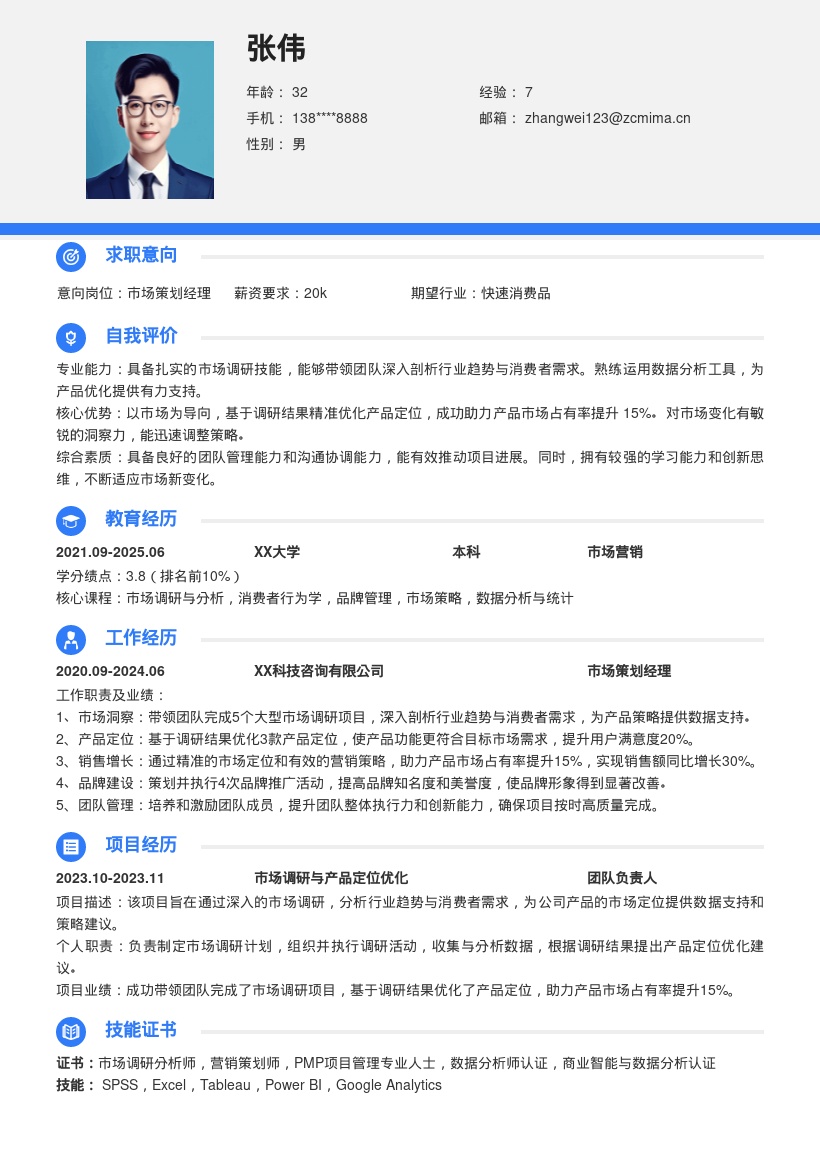 市场策划经理成功助力提占有率简历模板
