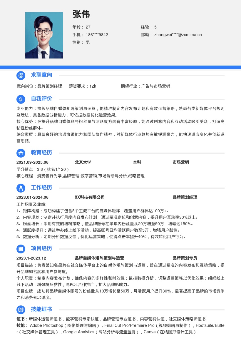 品牌策划岗位主导自媒体运营简历模板