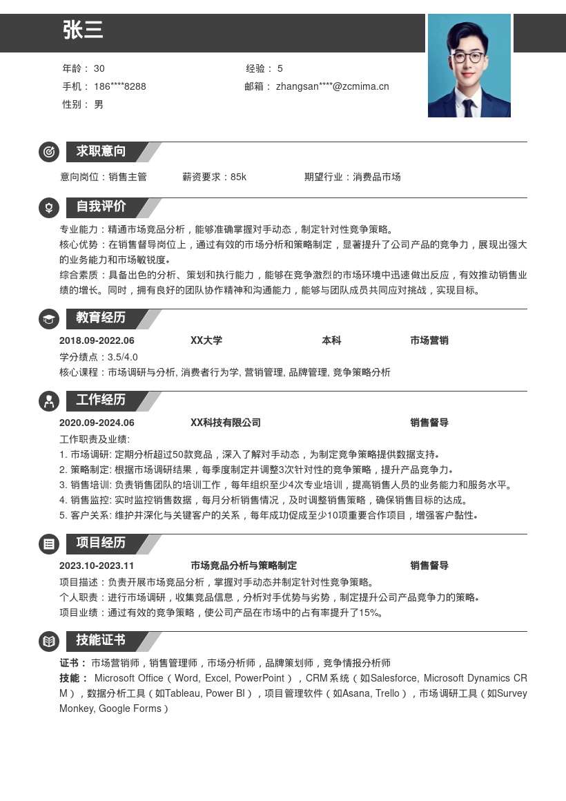 销售督导掌握对手动态制定策略简历模板