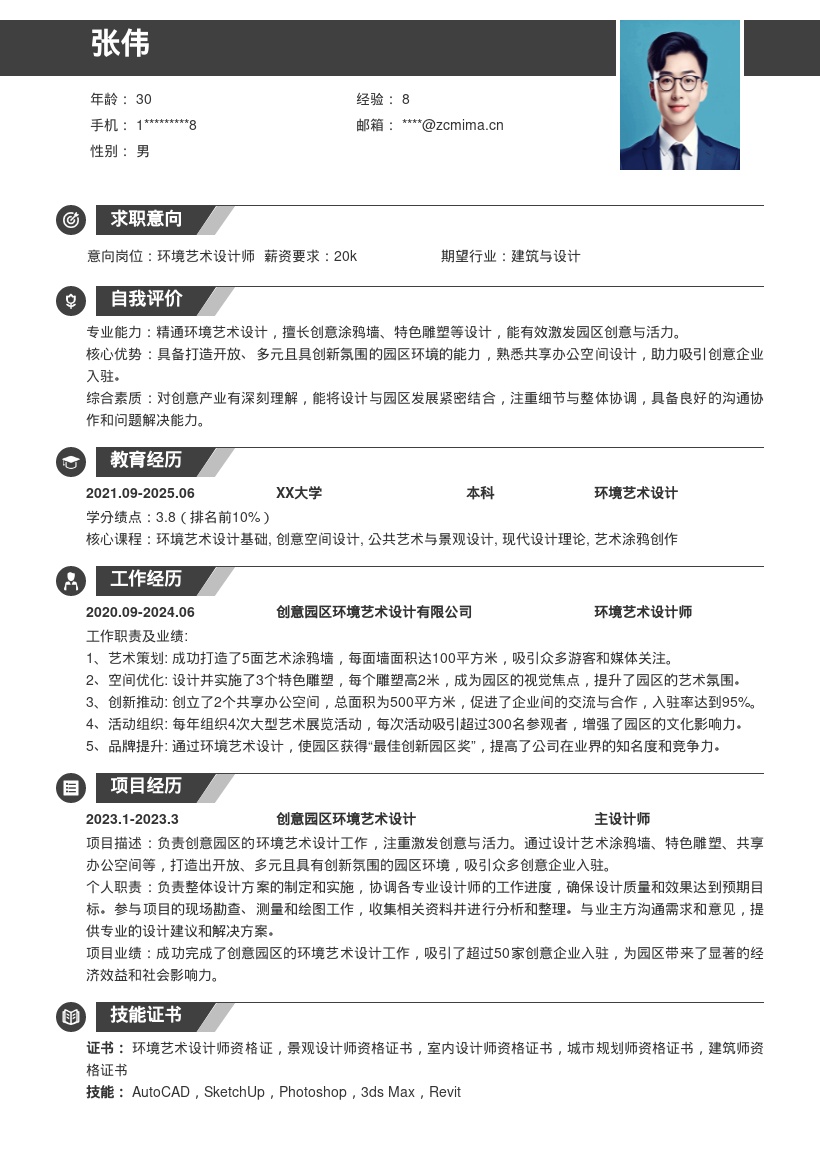 环境艺术设计打造创意园区简历模板