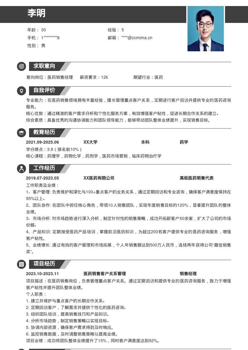 医药销售岗位管理客户提业绩简历模板