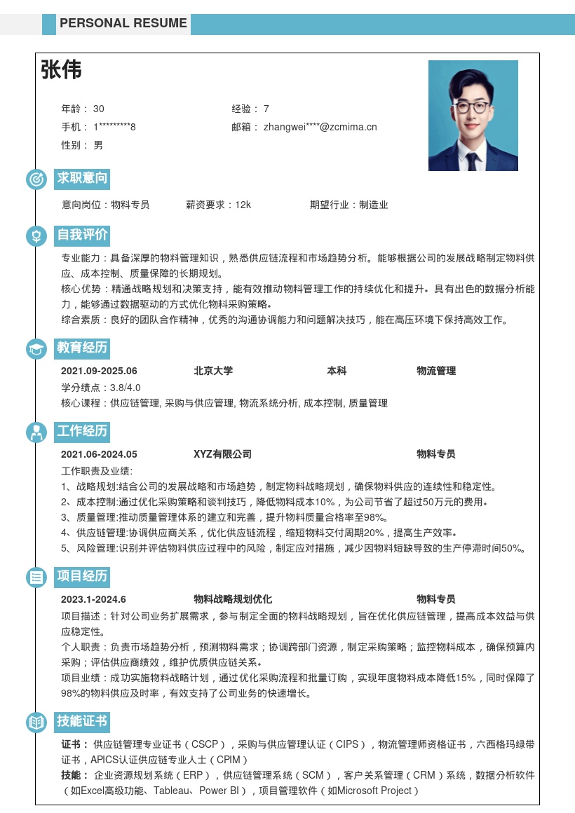 物料专员参与战略规划决策支持简历模板