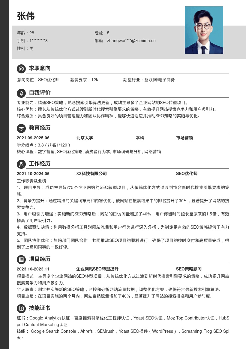 SEO专家主导转型提升竞争力简历模板