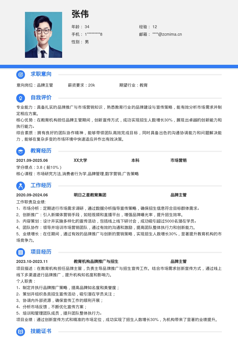 教育机构品牌主管招生增长简历模板