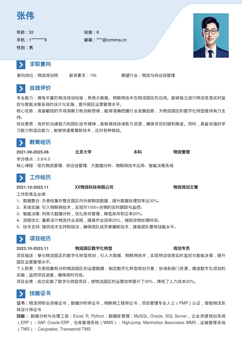 物流规划岗位参与数字化转型简历模板