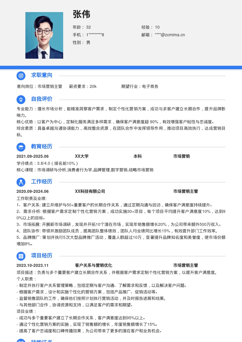 市场营销主管突出定制方案高满意度简历模板