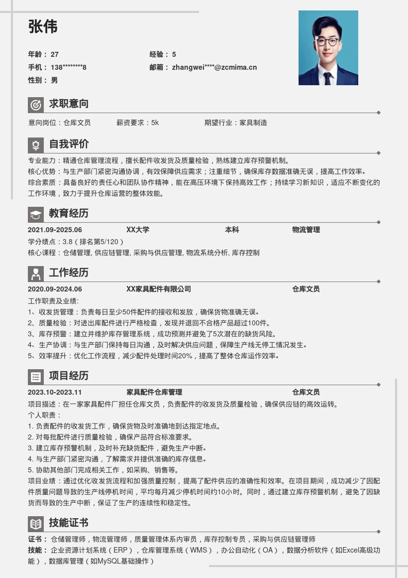 家具配件厂仓库文员简历模板含工作亮点 