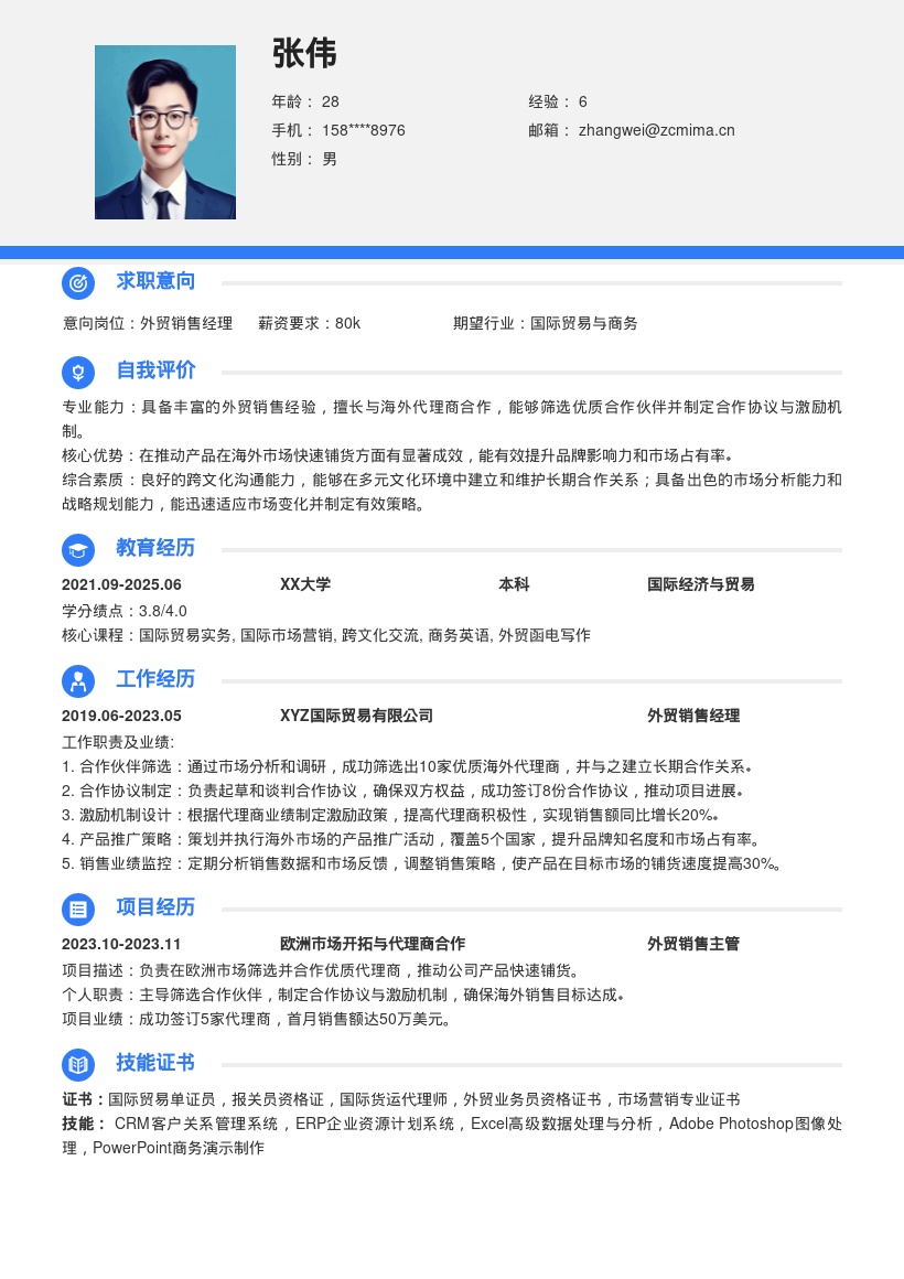 外贸销售主导海外合作项目简历模板