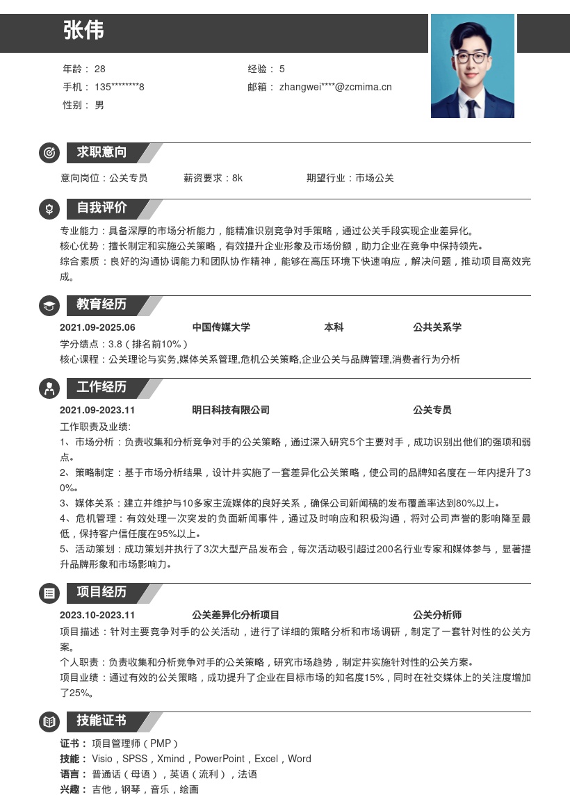 公关专员突出优势制定方案简历模板