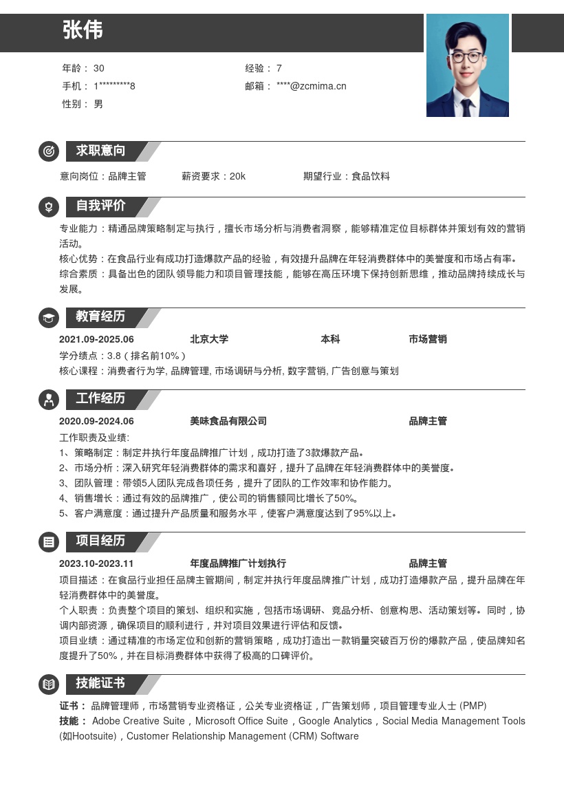 食品行业品牌主管打造爆款简历模板