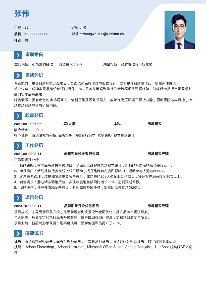 市场营销经理主导品牌升级简历模板