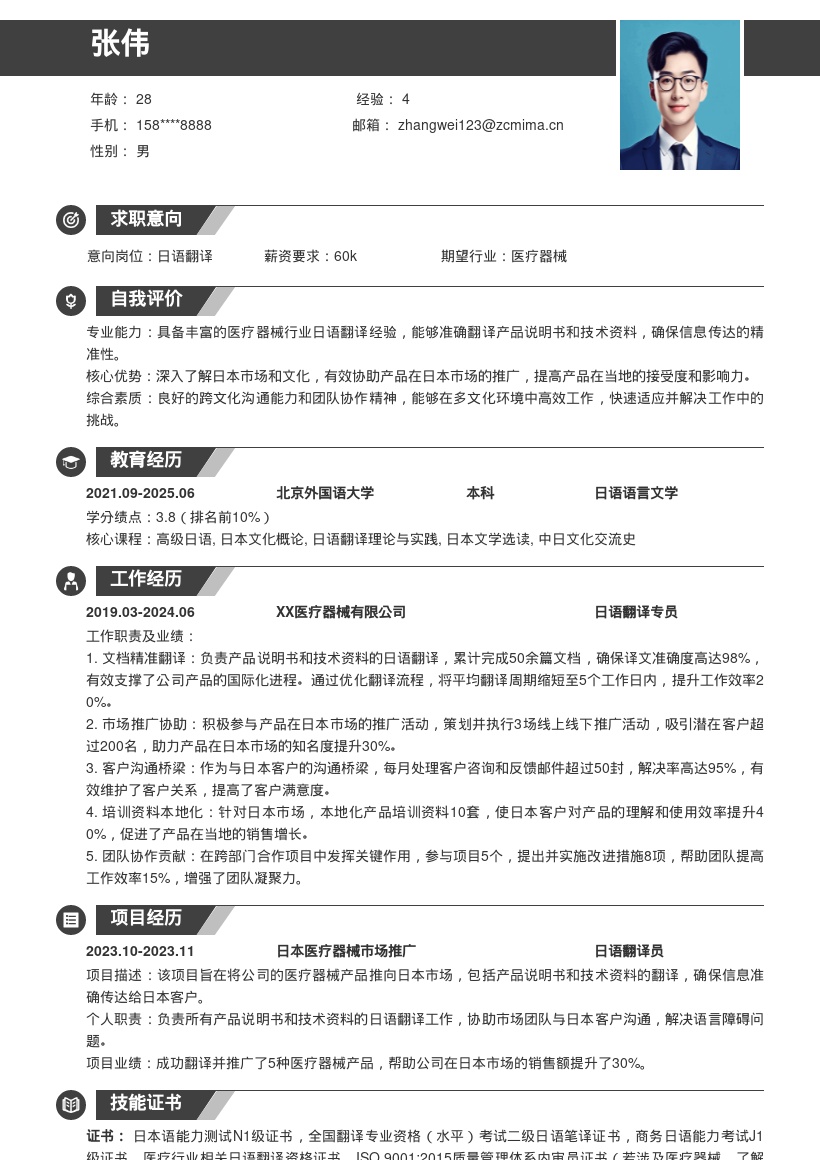 医疗器械公司日语翻译简历模板分享