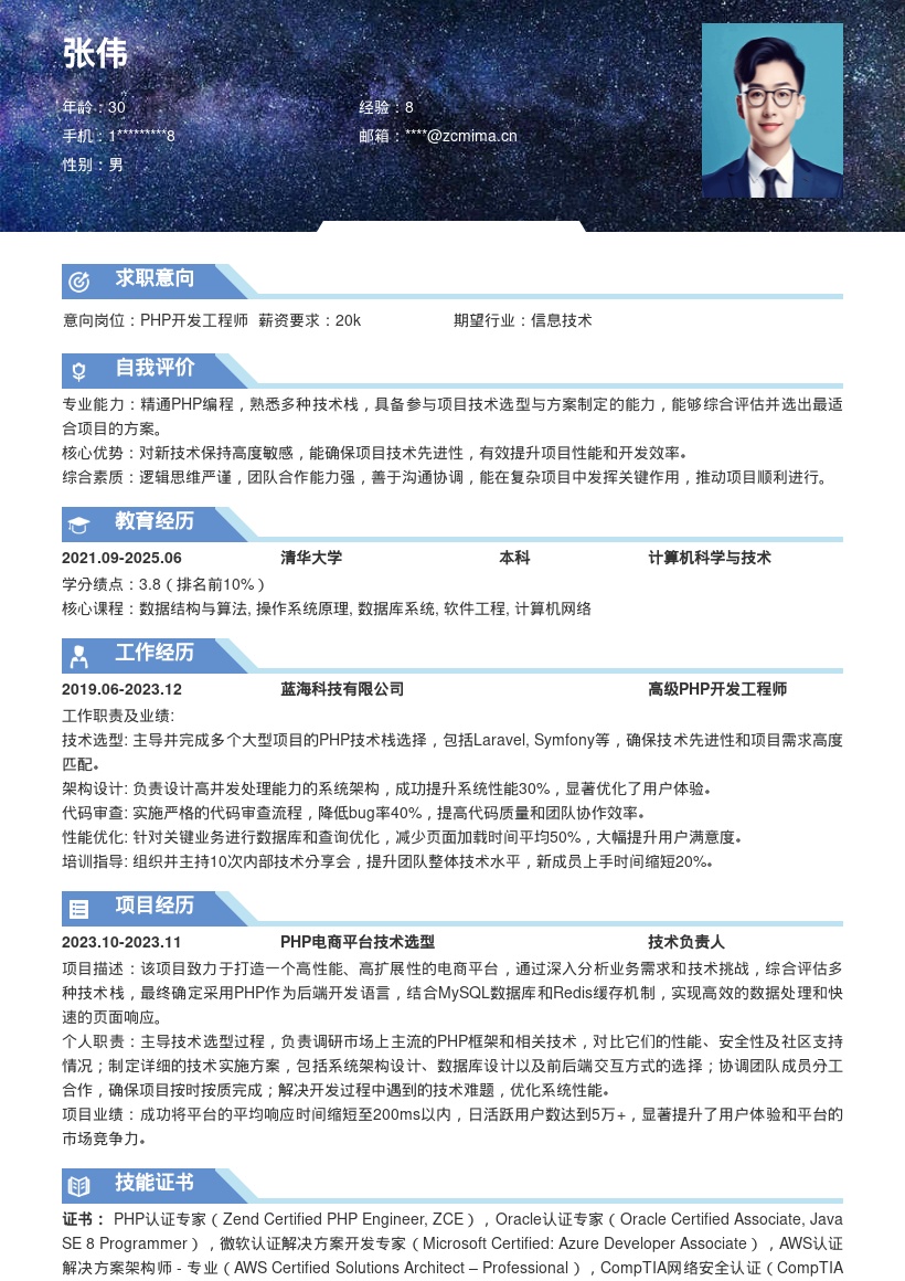 PHP开发工程师参与选型方案简历模板