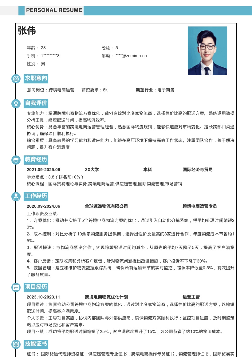 跨境电商运营优化物流简历模板