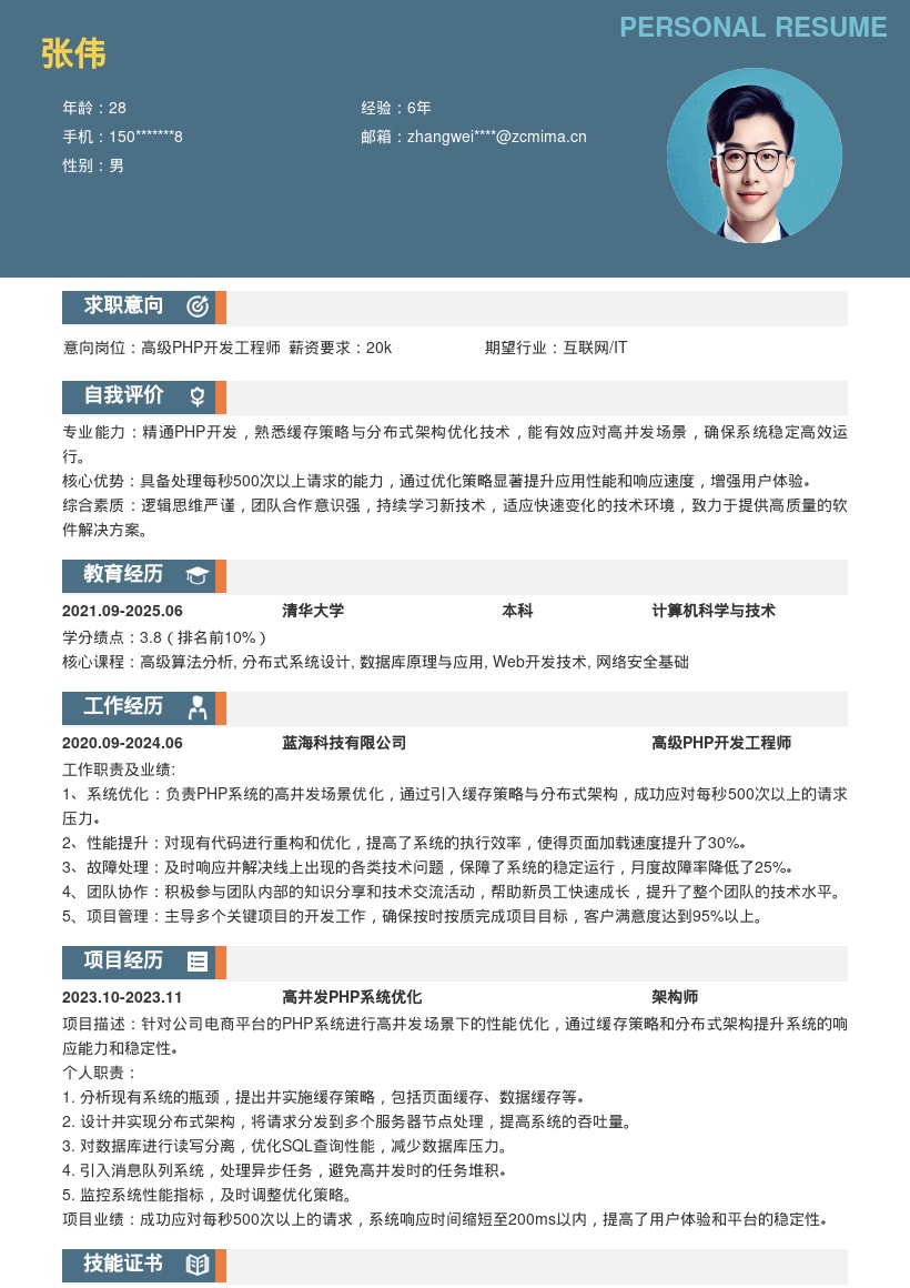 PHP开发工程师高并发优化简历模板