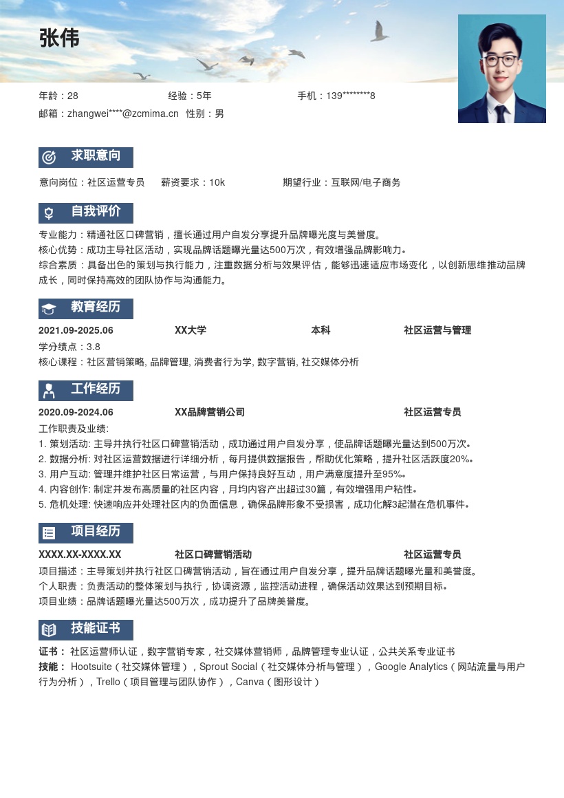 社区运营简历模板主导口碑营销提美誉 