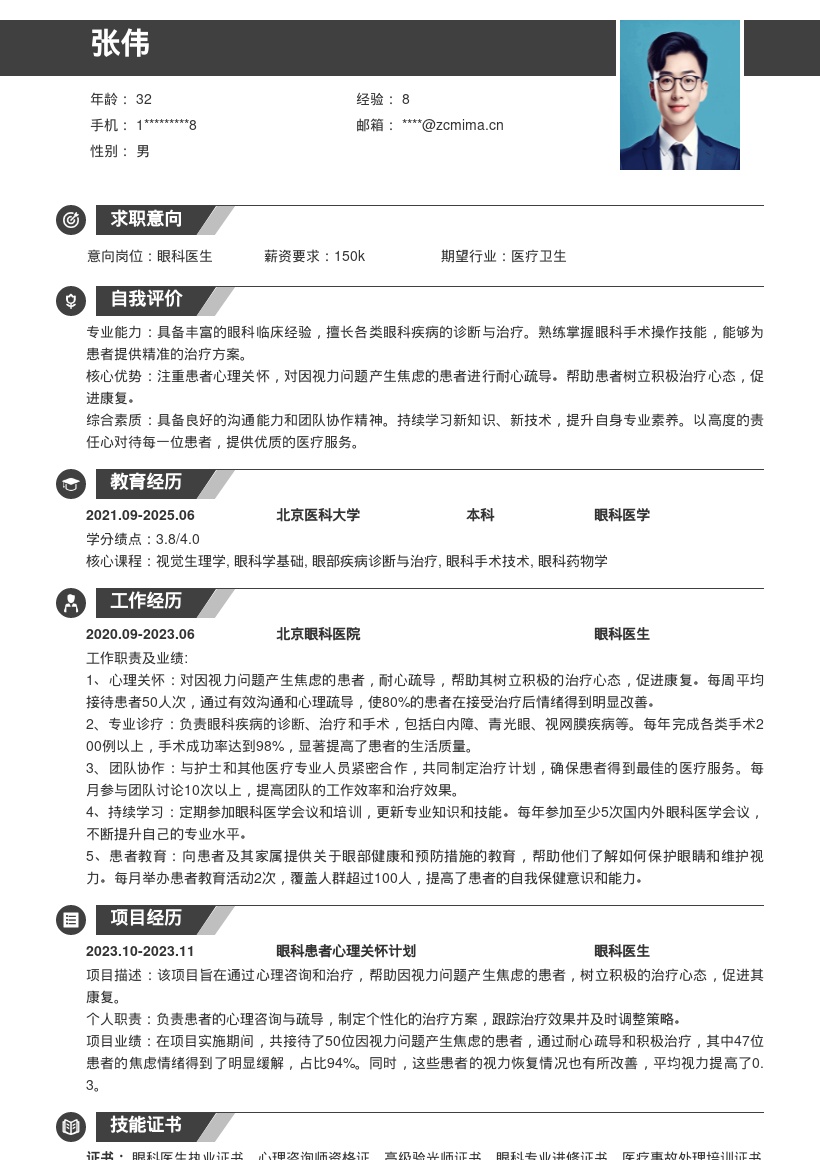 超贴心眼科医生注重心理关怀简历模板