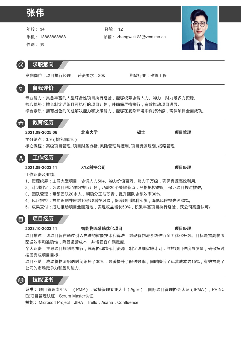 项目执行岗位成功统筹项目经验简历模板