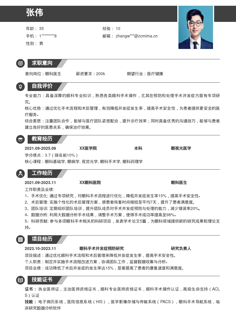 眼科医生优化手术防并发症简历模板