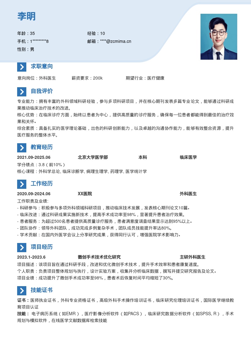 外科医生推动技术改进提供诊疗简历模板