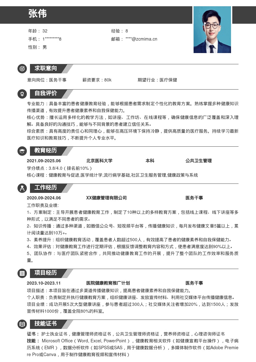 医务干事主导患者健康教育简历模板