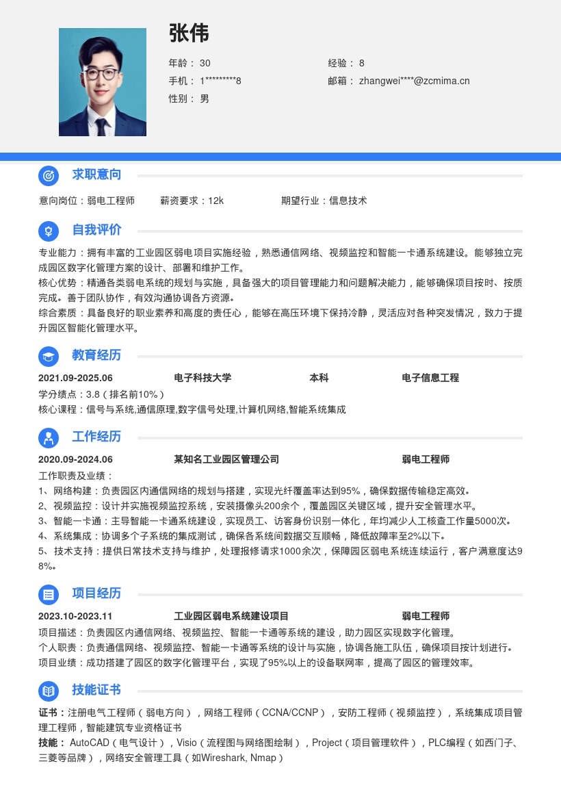 弱电工程师负责园区数字化系统简历模板